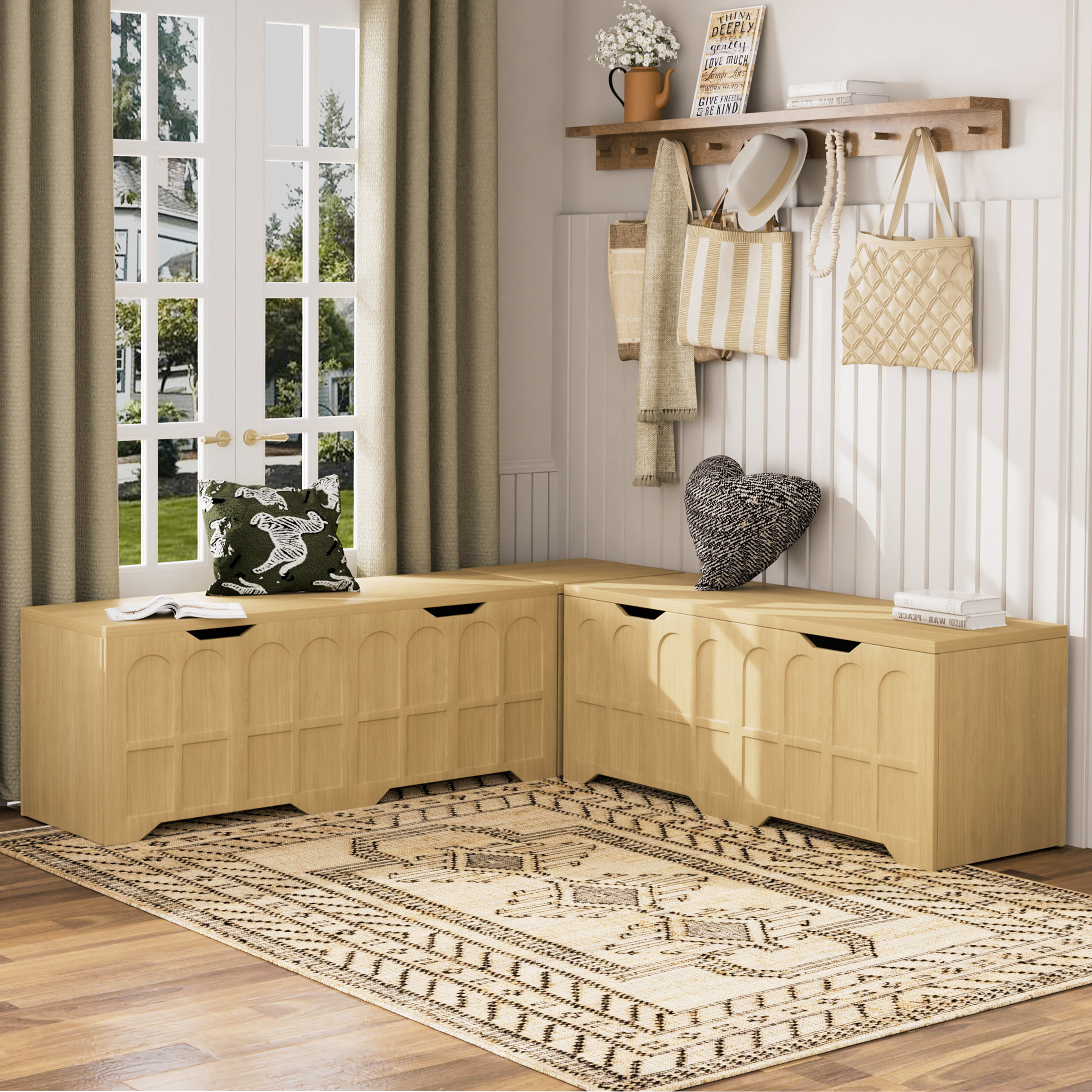 Storage Bench L-Shape 3 Piece MDF Natural Padded Seat 63x63x19 In 360 LB
