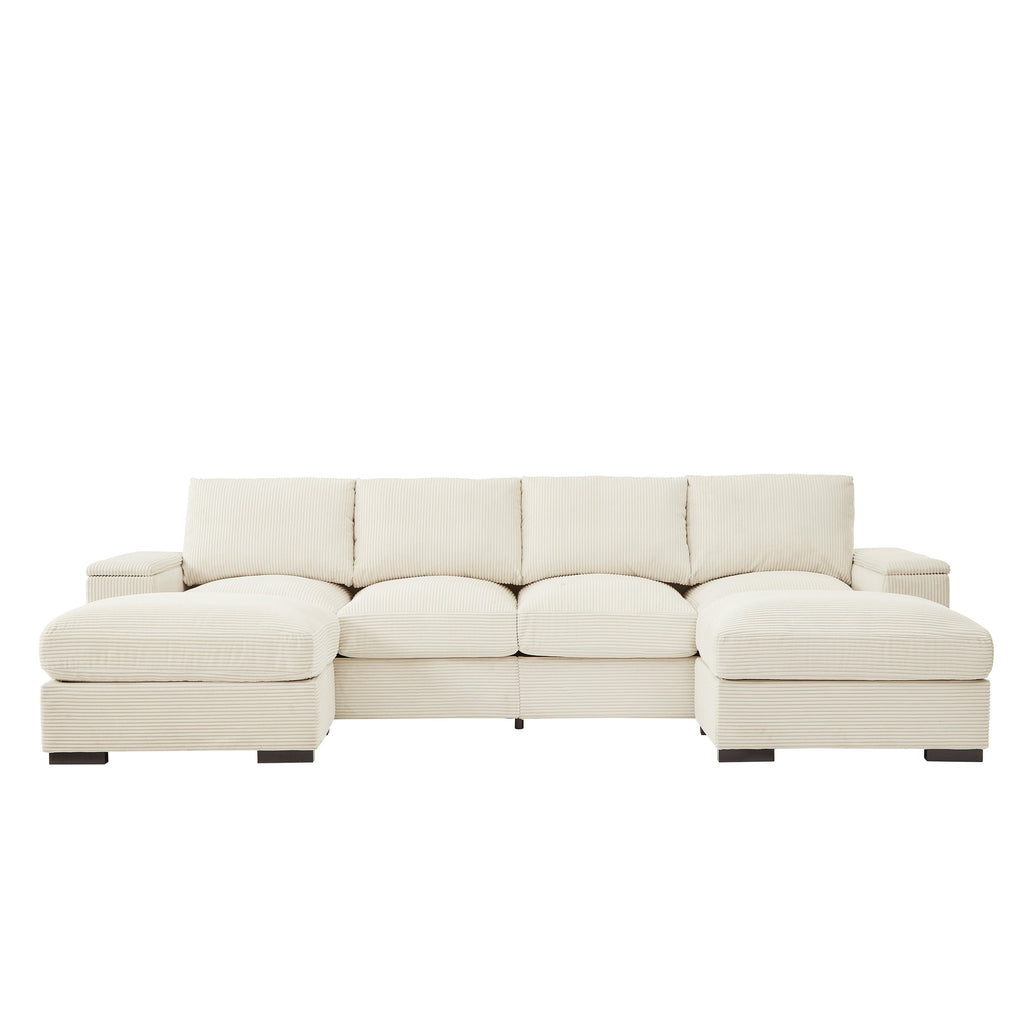 Sectional Sofa U-Shape Corduroy Beige 4 Seat 122 In 2 Ottomans