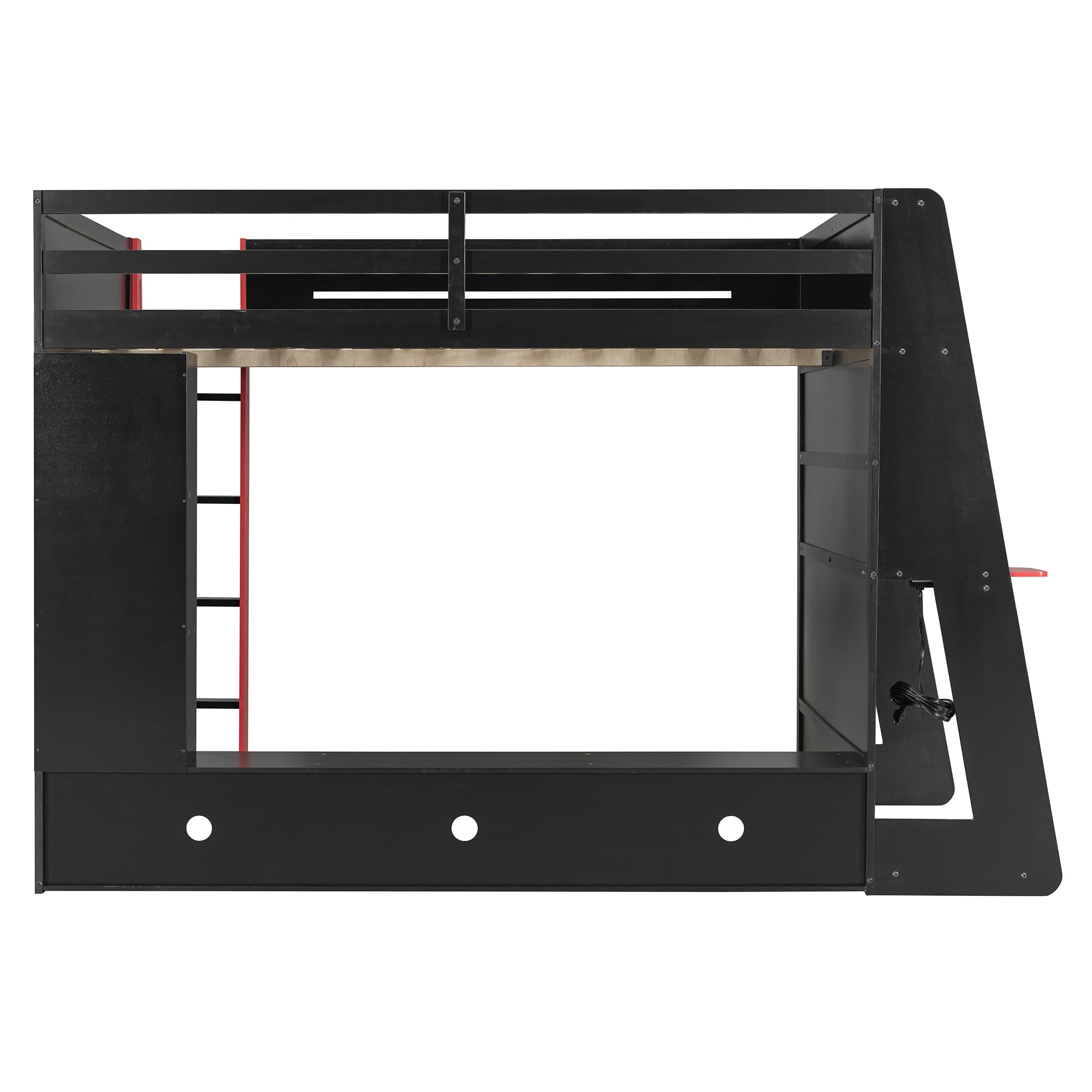 Full Size Wood Loft Bed with Desk, Multi-storage Shelves and RGB Light, Red