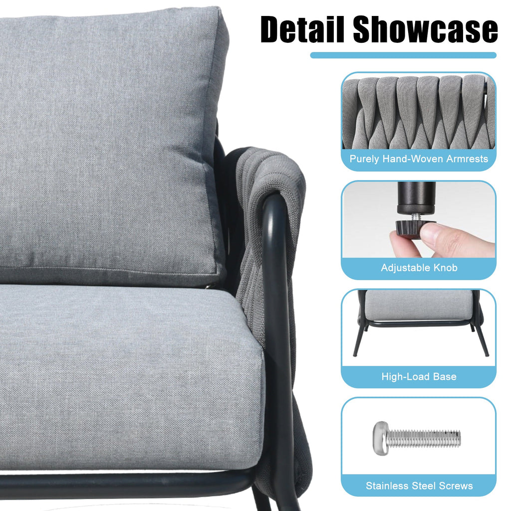 Outdoor Conversation Set Woven Rope Black Gray 4 Piece Olefin Cushions