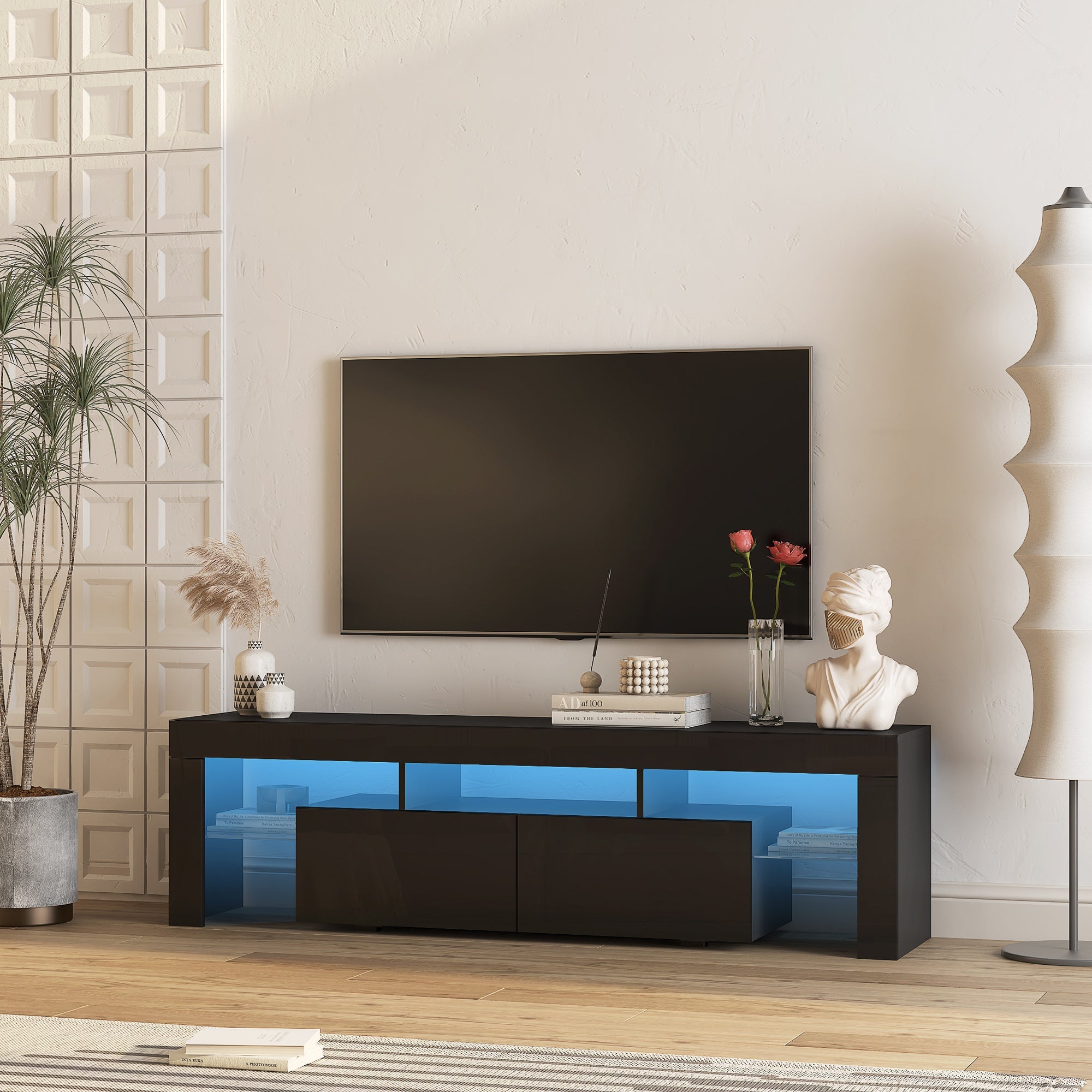 TV Stand LED High Gloss Black Storage Cabinet Fits 65