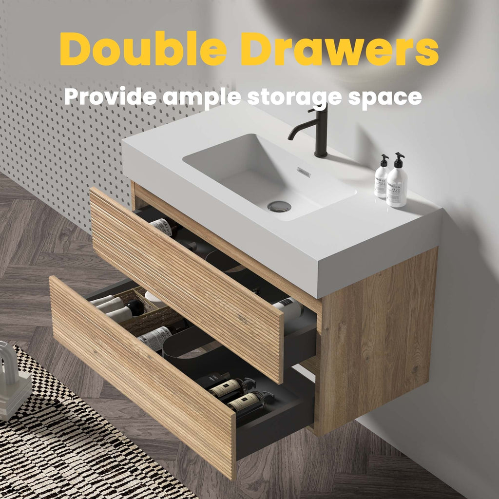 36'  Rough Oak+Rough Oak Bathroom Vanity with White Engineered Quartz Sink an...
