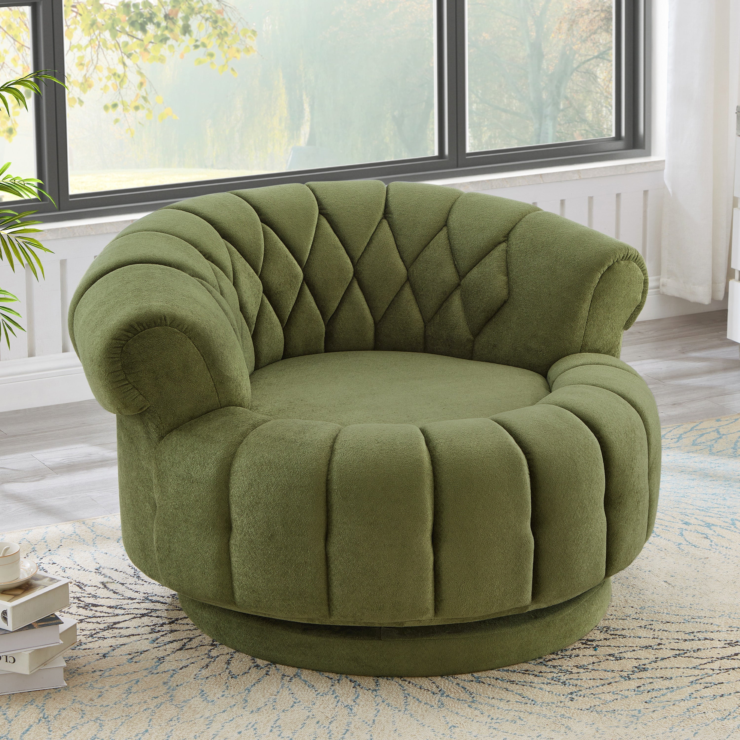 Swivel Accent Chair 360 Degree Chenille Green Oversized Round 45.9x42.7 In