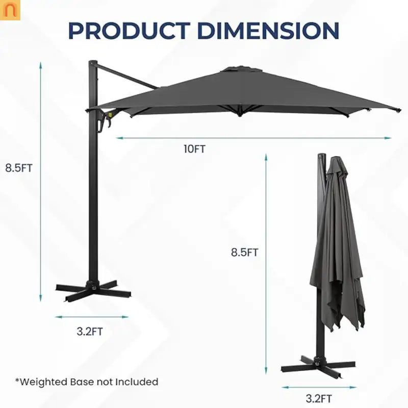 Patio Umbrella Cantilever Square Gray 10 Ft UPF50 360 Rotation