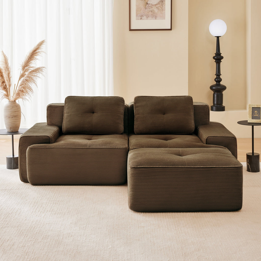 Sectional loveseat L-Shape Corduroy Brown 2 Seat Modular with Ottoman 82 In