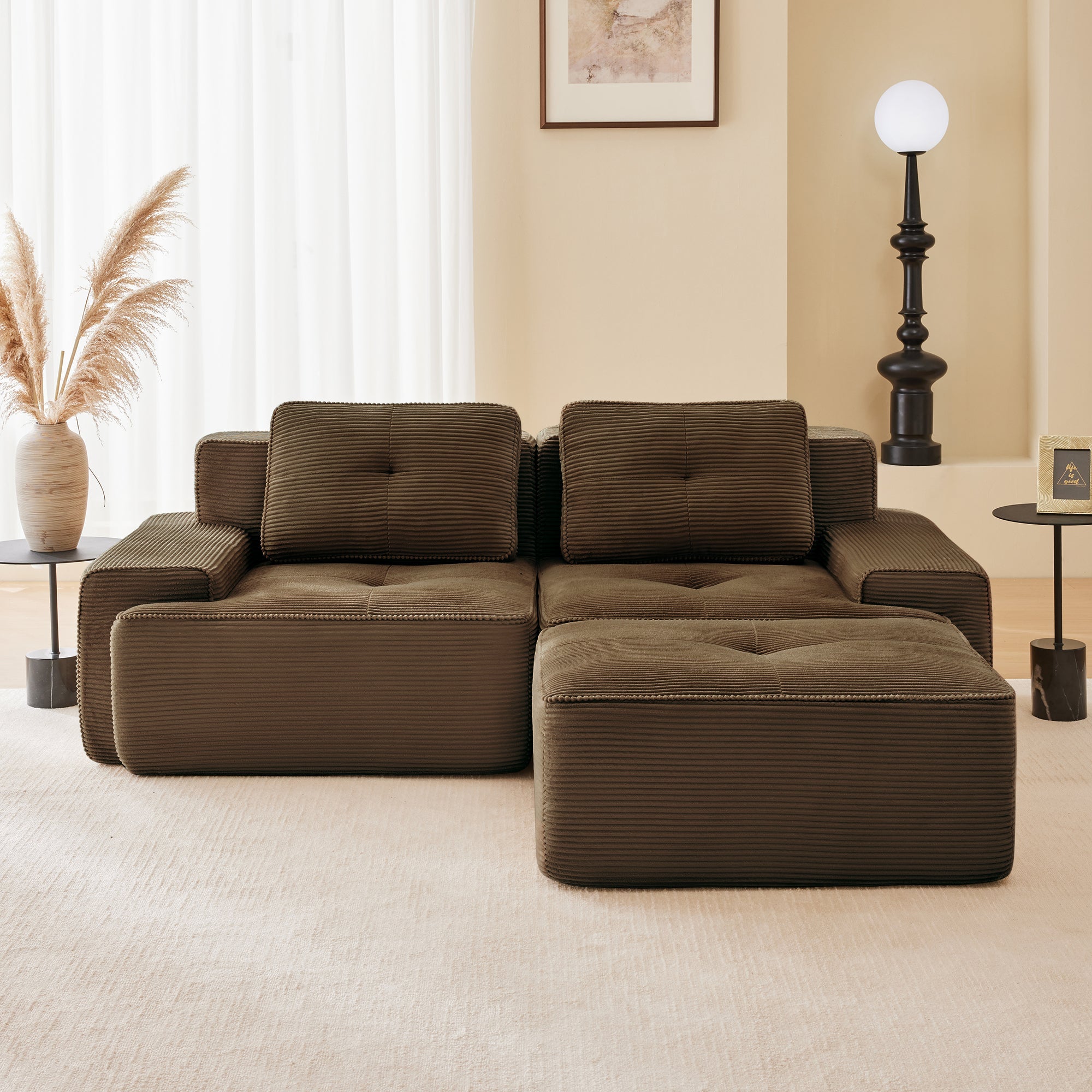 Sectional loveseat L-Shape Corduroy Brown 2 Seat Modular with Ottoman 82 In