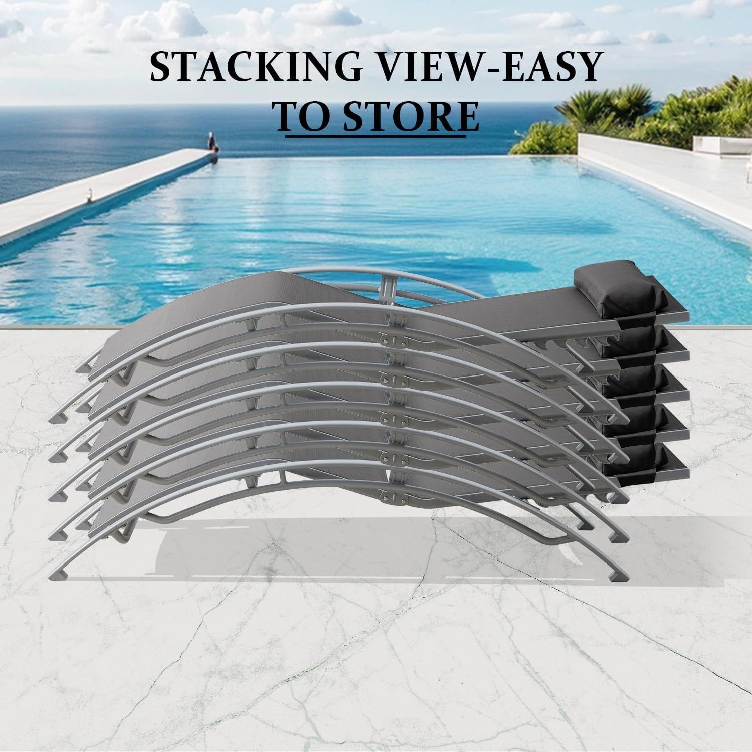 Outdoor Chaise Lounge Aluminum Textilene Dark Gray Set of 3 5-Position 350 LB