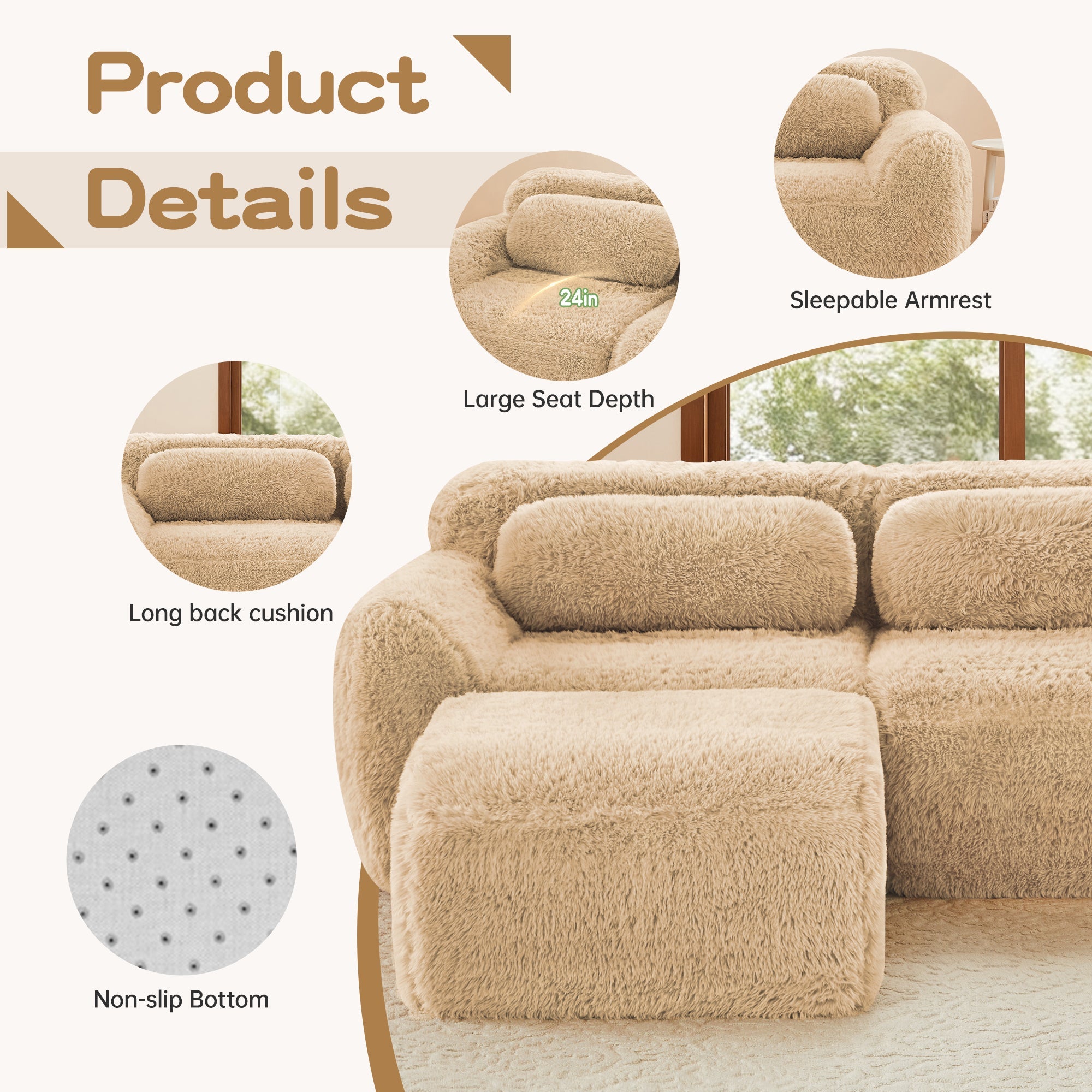 LoveSeat Modular Plush Light Khaki 2 Seat Non-Slip