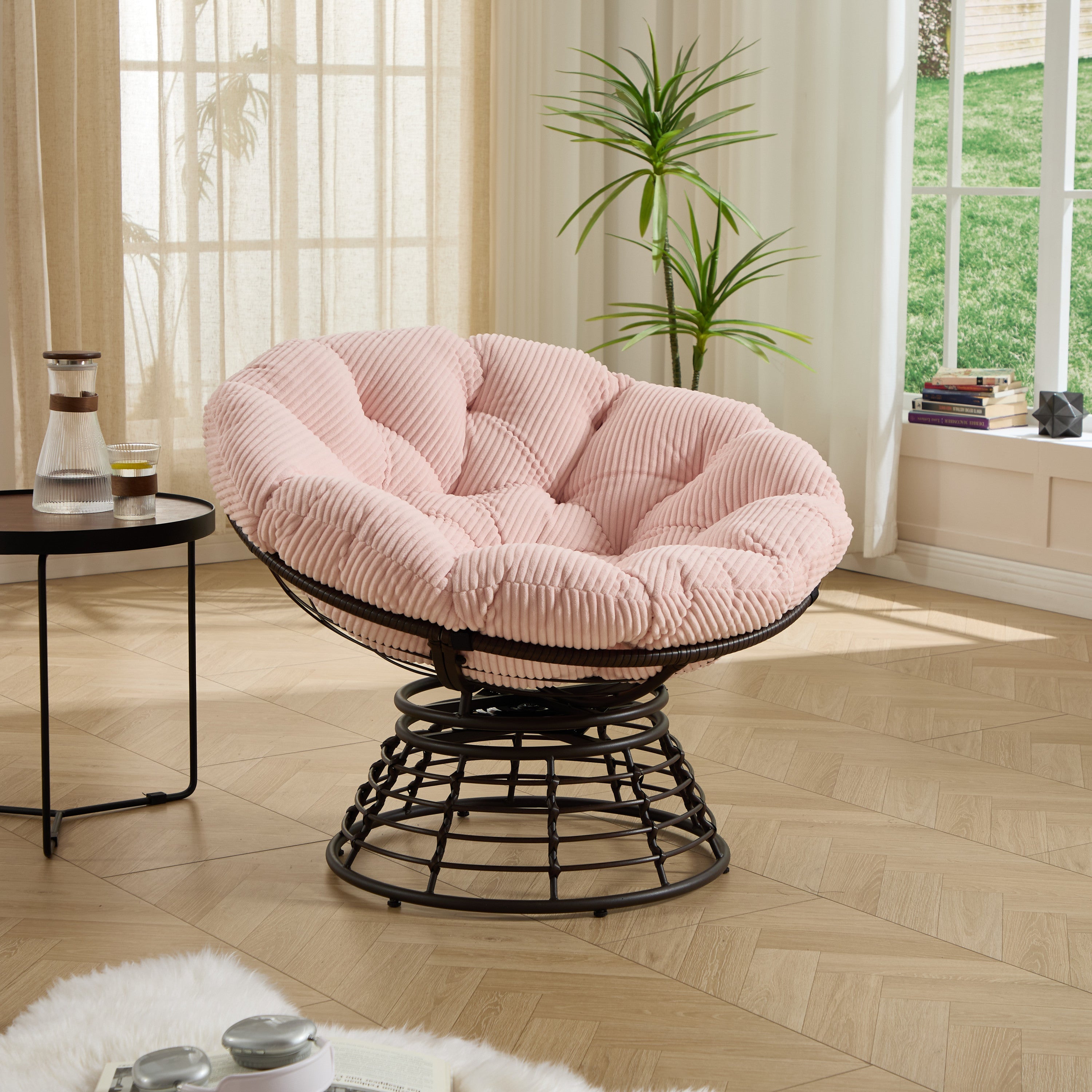 Papasan Chair Wicker Brown 360 Swivel Pink Cushion 300lb