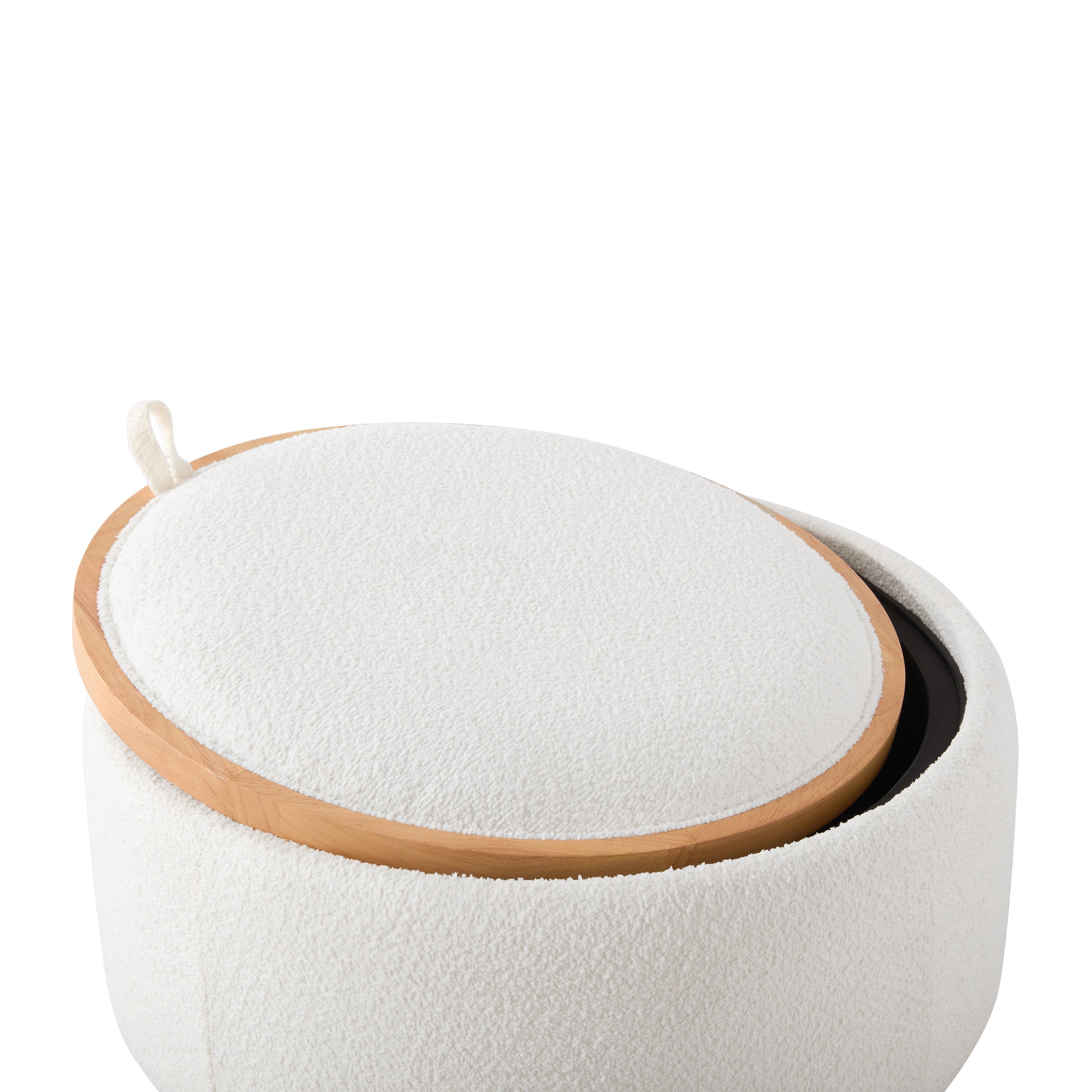 29' Round Storage Ottoman with Solid Wood Legs, Boucle Fabric, No Assembly