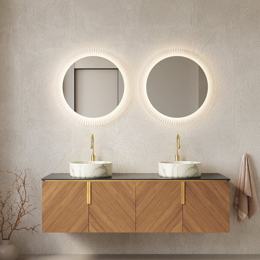 60' Bathroom Vanity with Sinks, Floating Plywood Cabinet 4 Doors Black Sintered Stone