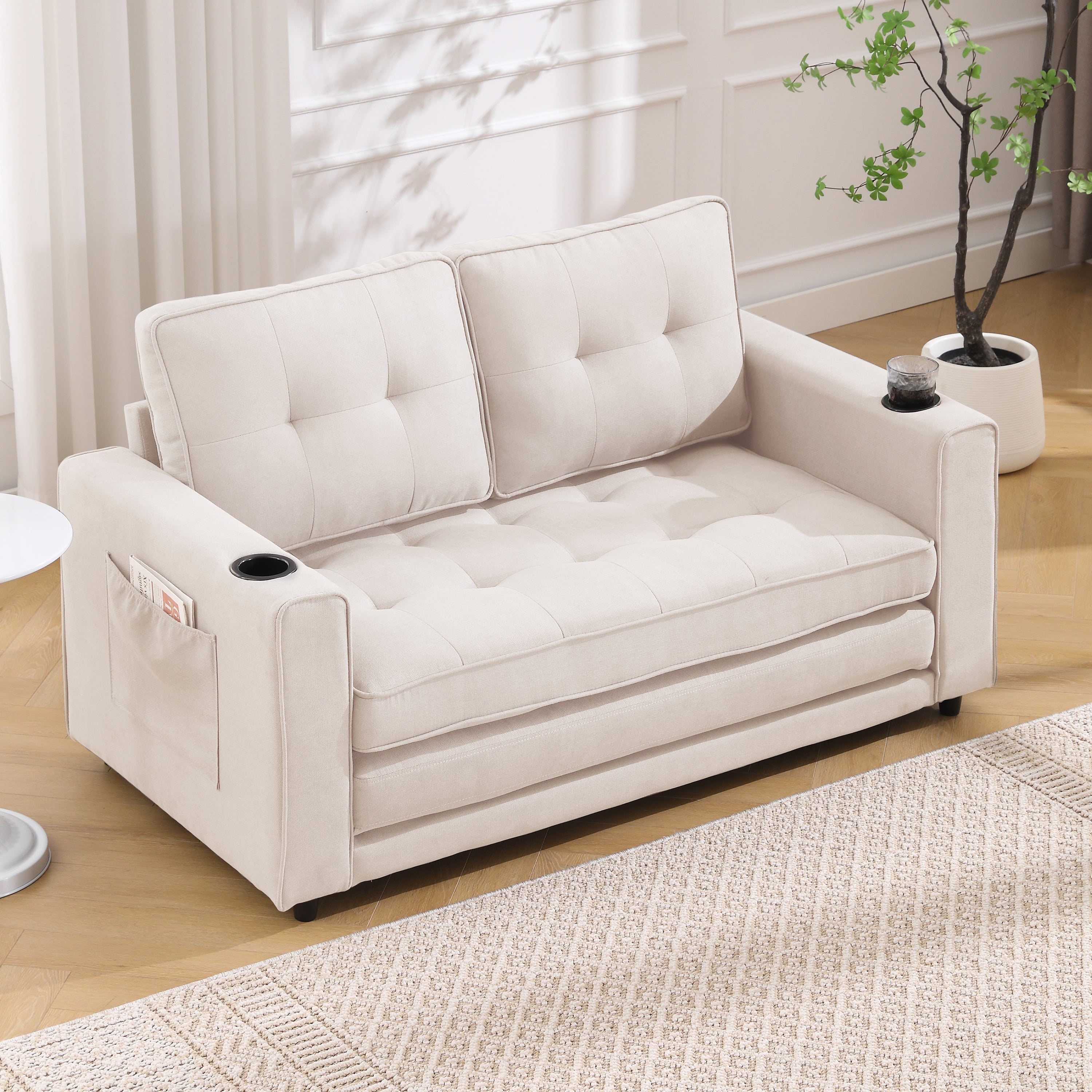 Sofa Bed Futon Tufted 3-in-1 Beige Pull-Out Sleeper Cup Holders 55 In