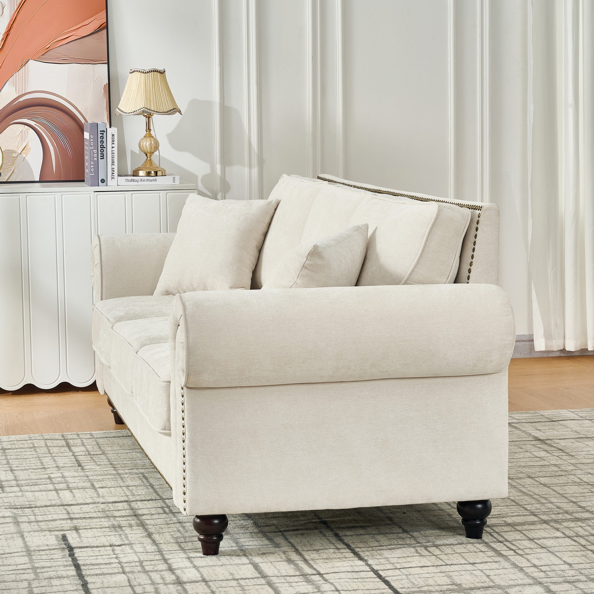 Loveseat Chenille Beige Rolled Arms Nailhead Trim 63 In 700 LB