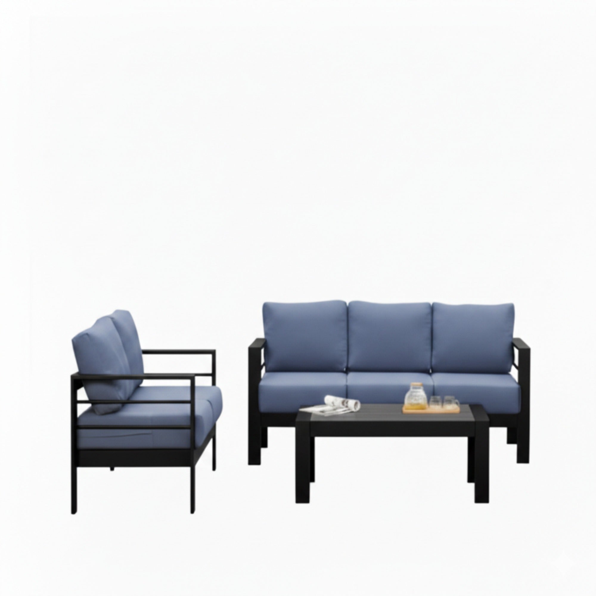 Outdoor Patio Set 3 Piece Aluminum Sofa Loveseat Black Blue