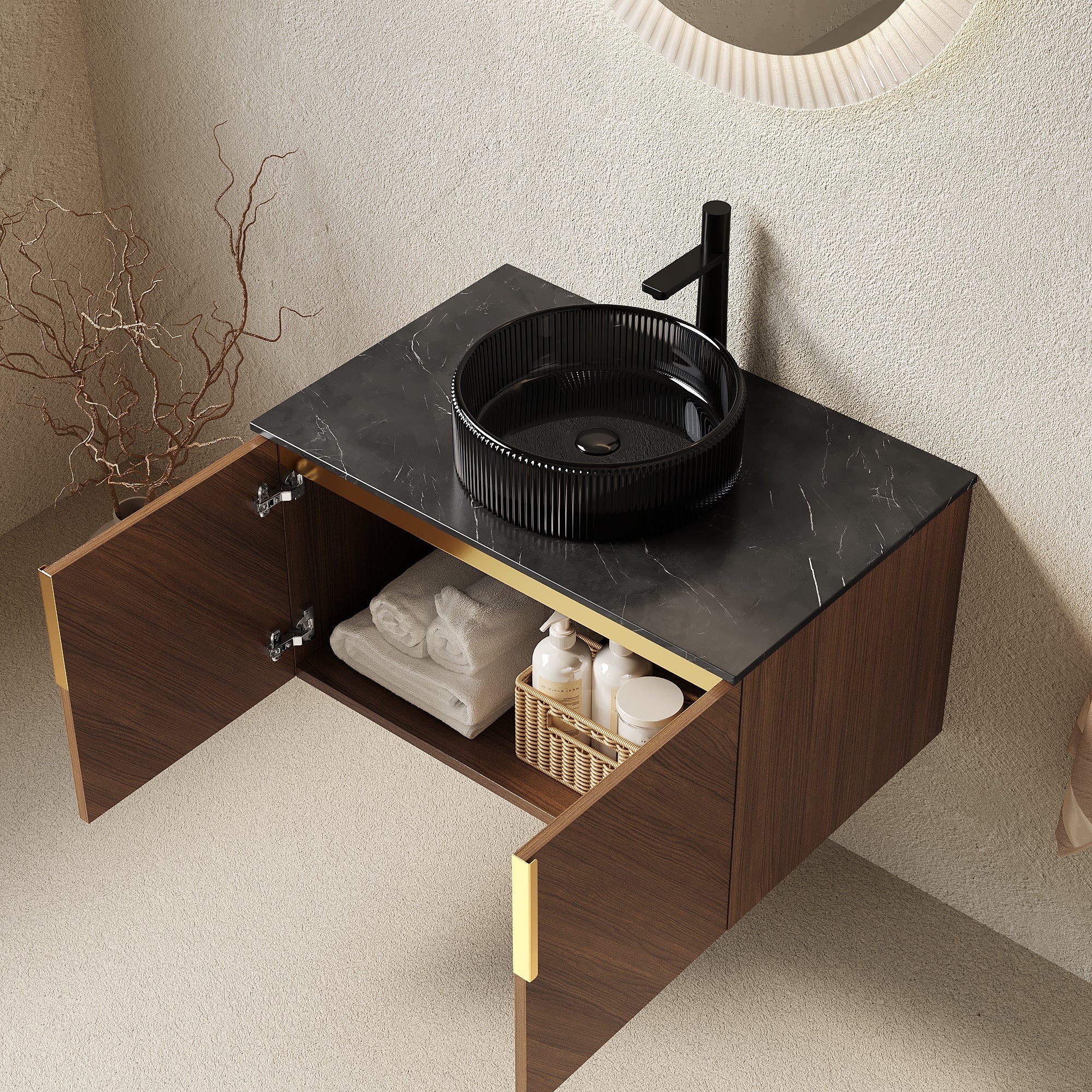 30' Bathroom Vanity&Sink, Modern Wall-Mounted Plywood Bathroom Storage Cabine...