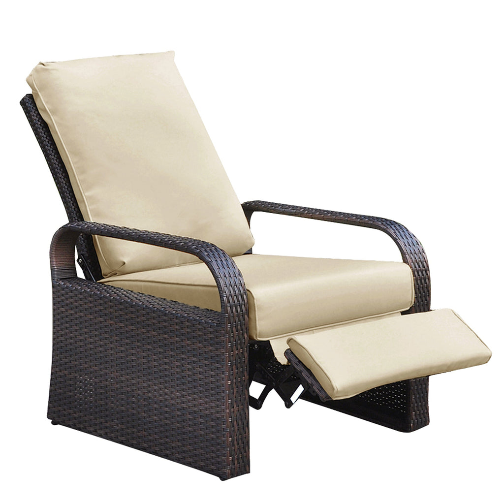 Outdoor Recliner Lounge Chair Wicker Khaki Cushion 3 Position 350 lb Cap