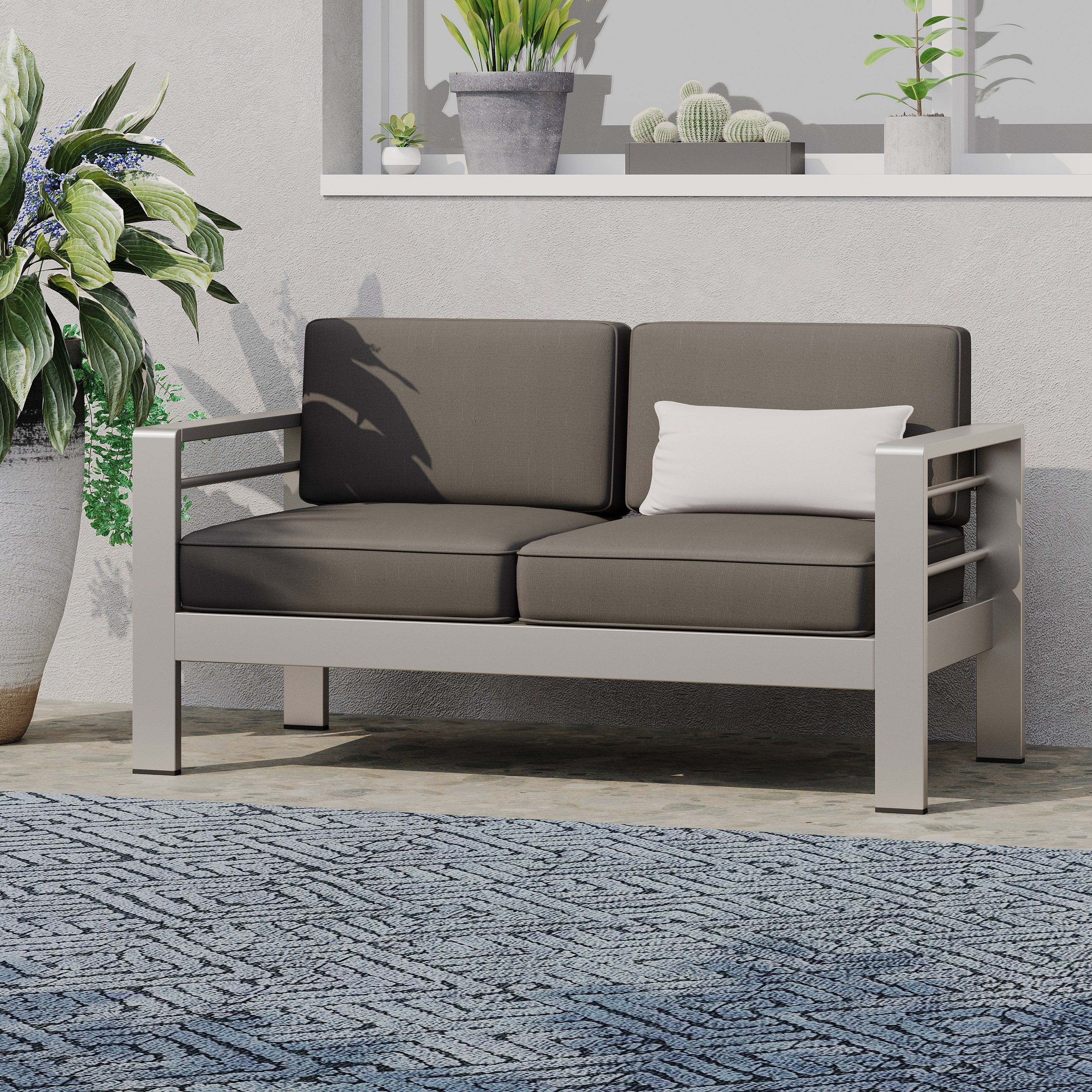 Outdoor Loveseat Aluminum Khaki Water-Resistant Cushion 56.75x27.5 In 600 LB