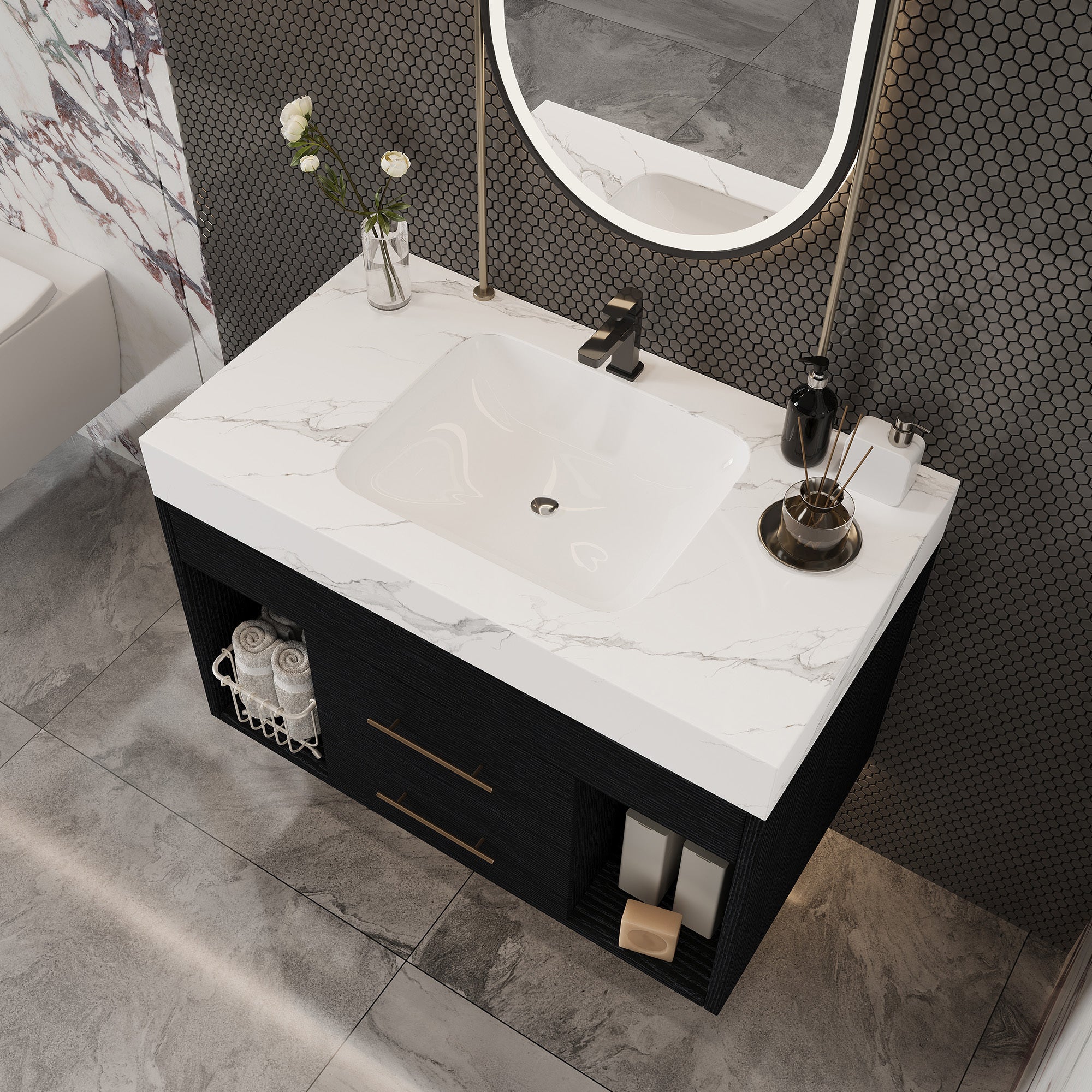 29.9' Modern Floating Bathroom Vanity with Sintered Stone Top Ceramic Undermo...