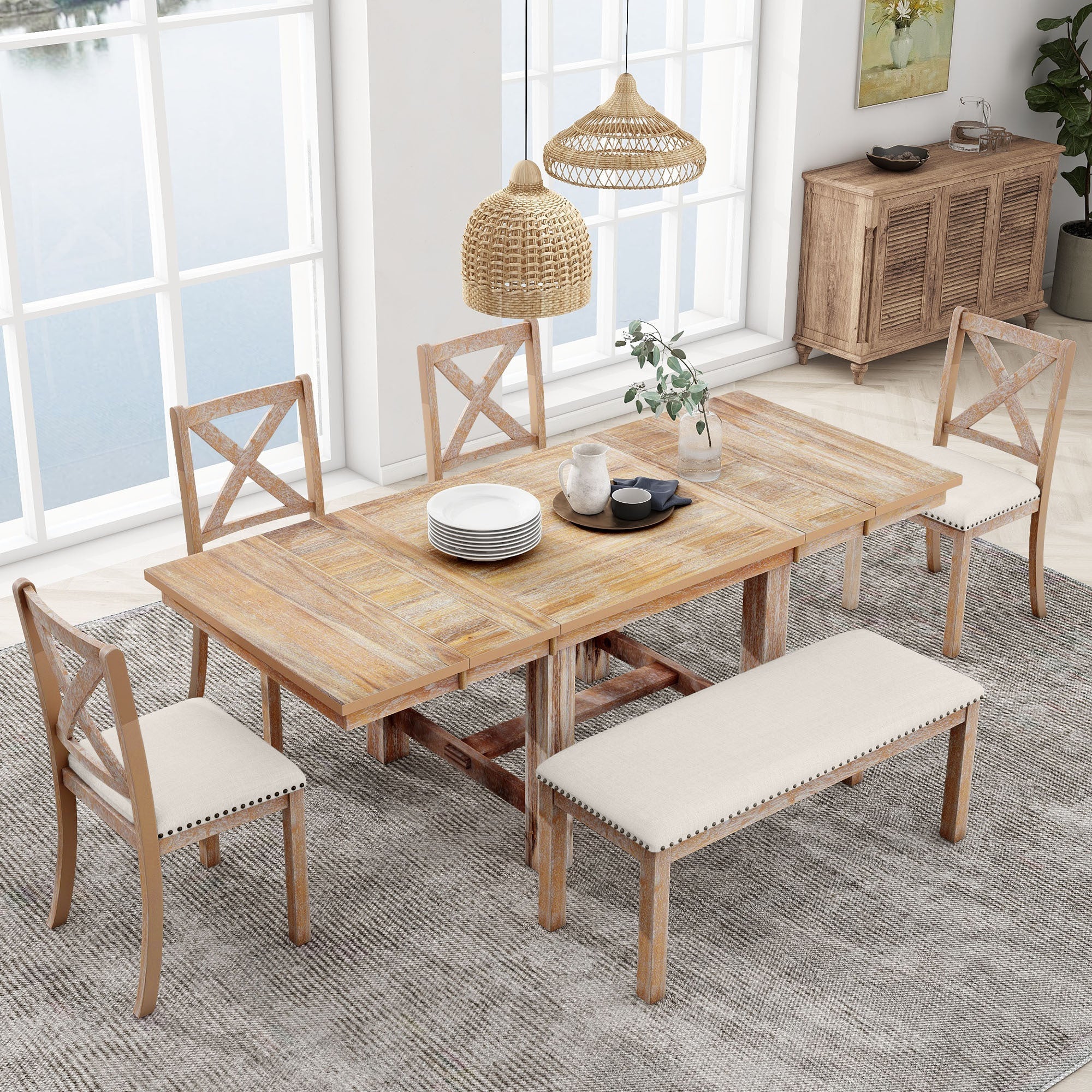 Farmhouse 82inch 6-Piece Extendable Dining Table with Footrest, 4 Upholstered