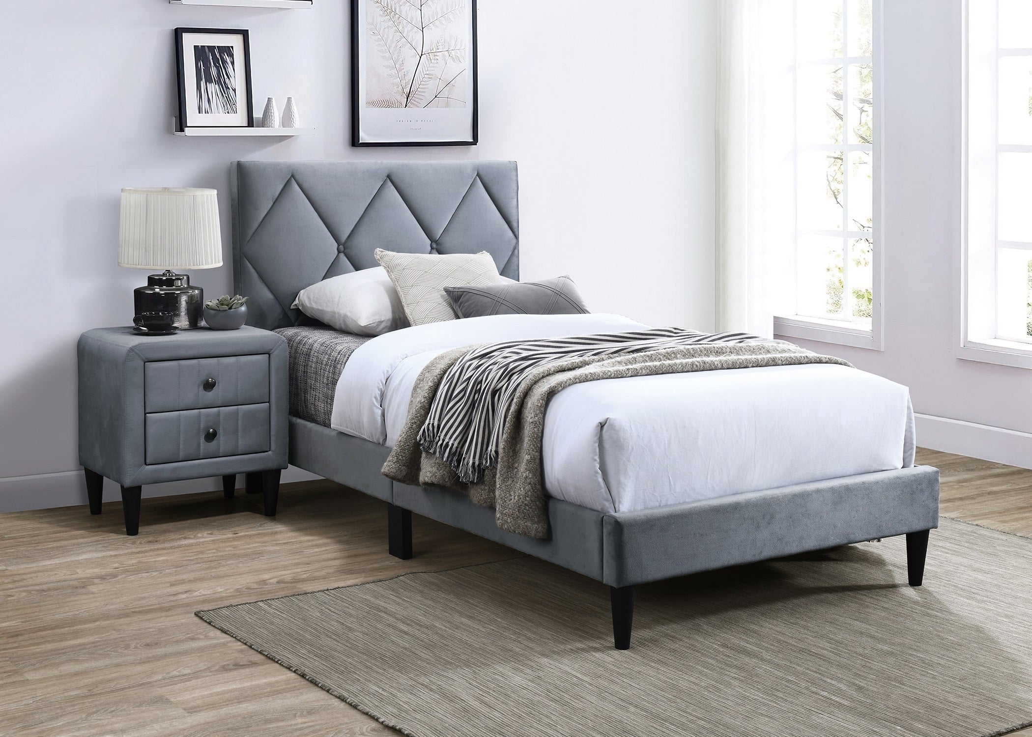 Grey Velvet Nightstand with 2 Drawers, Sleek Design, Tempered Legs, Bedroom