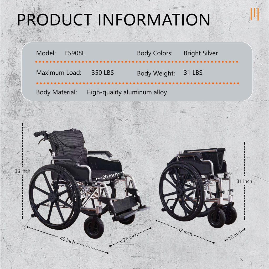 Wheelchair Manual Transport Folding Aluminum 20 In Seat 24 In Wheels Memory Foam