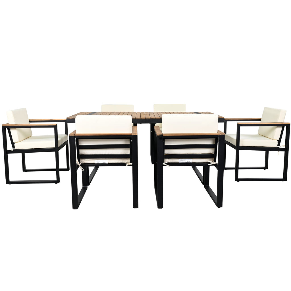 Outdoor Dining Set Acacia Wood Steel Beige Cushion 7 Piece Umbrella Hole