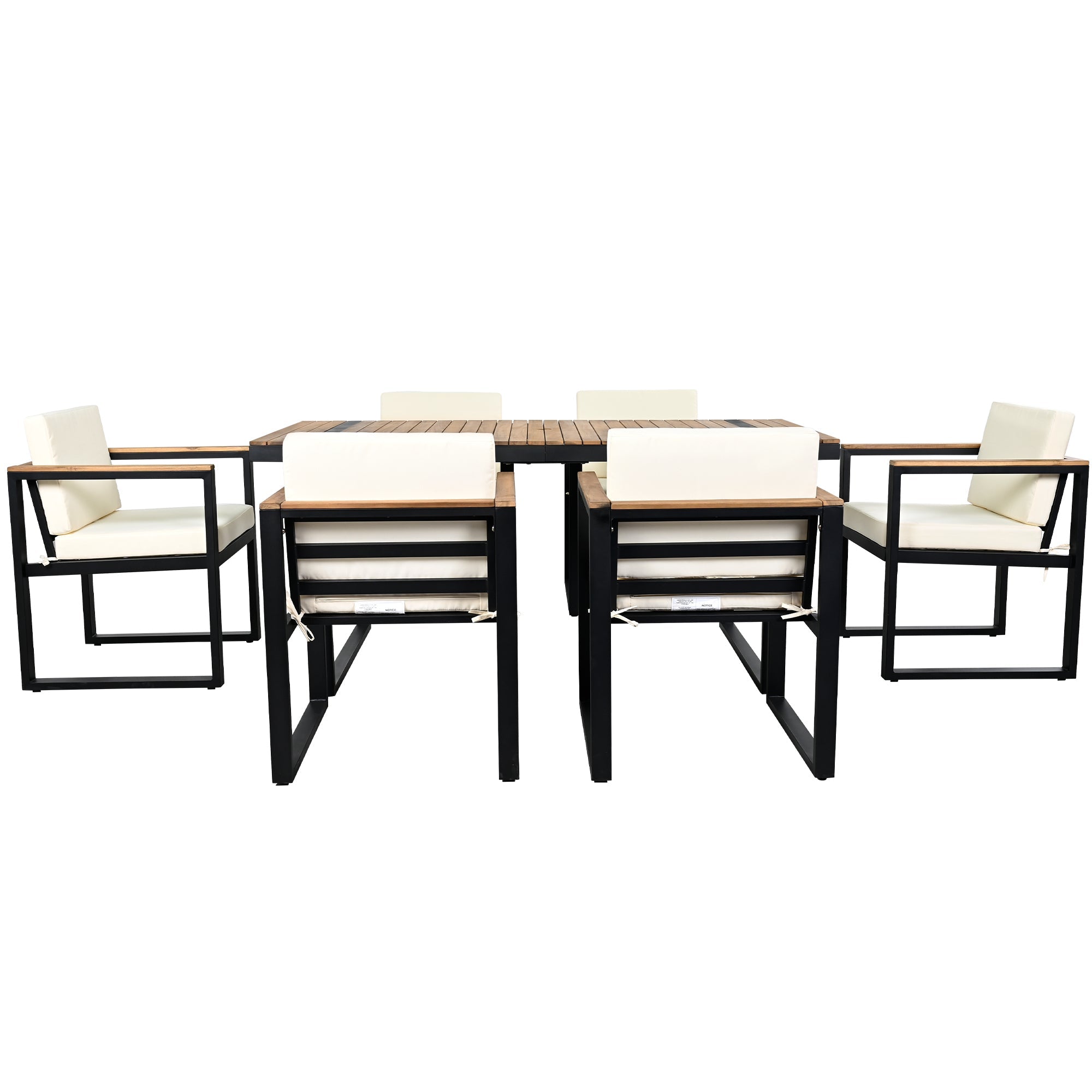 Outdoor Dining Set Acacia Wood Steel Beige Cushion 7 Piece Umbrella Hole