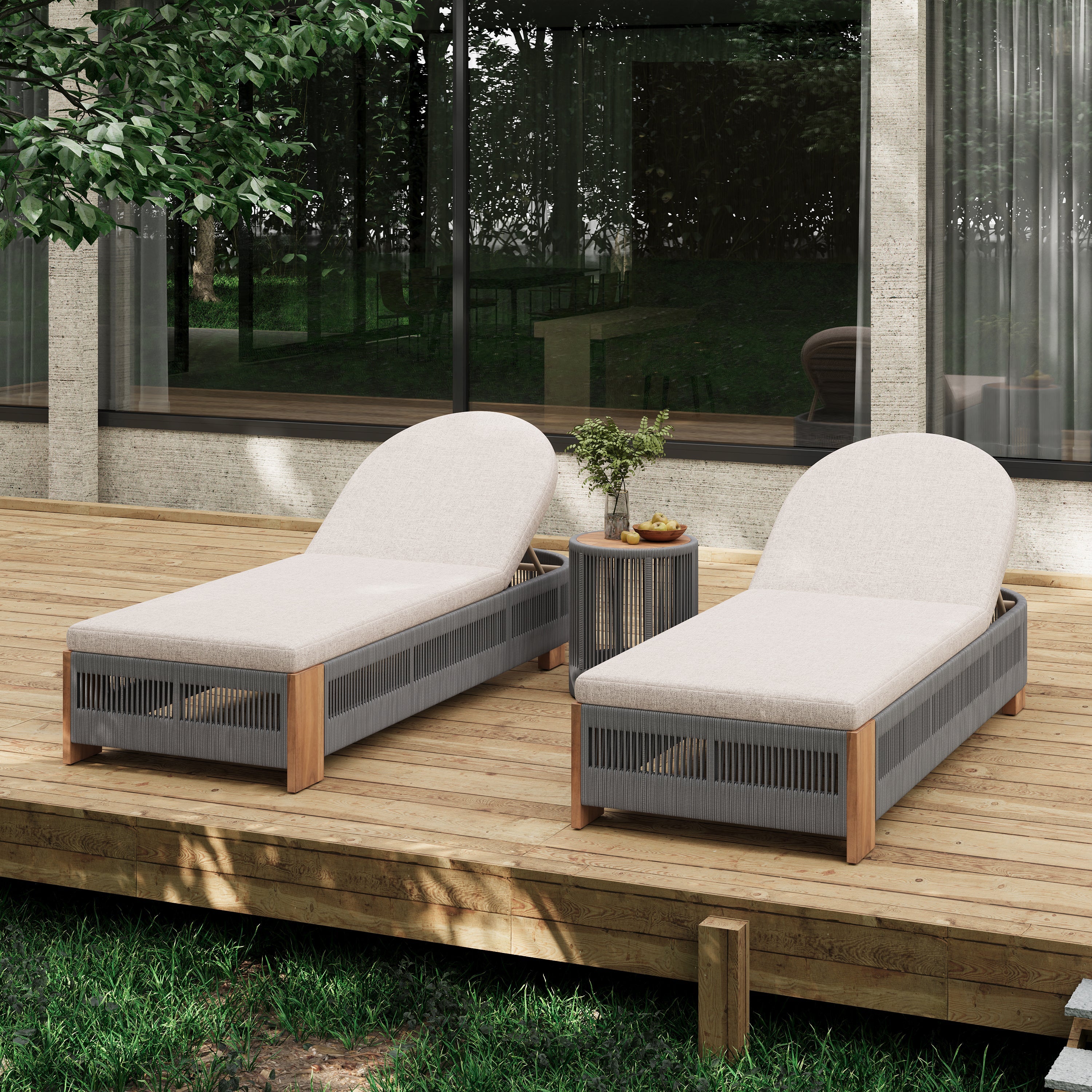 Outdoor Rope Lounge Set 4 Piece Acacia Wood Adjustable Backrest