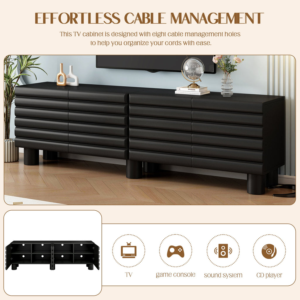 TV Stand Wavy Door Black MDF 4-Cabinet Cylindrical Legs Fits 70 In TV