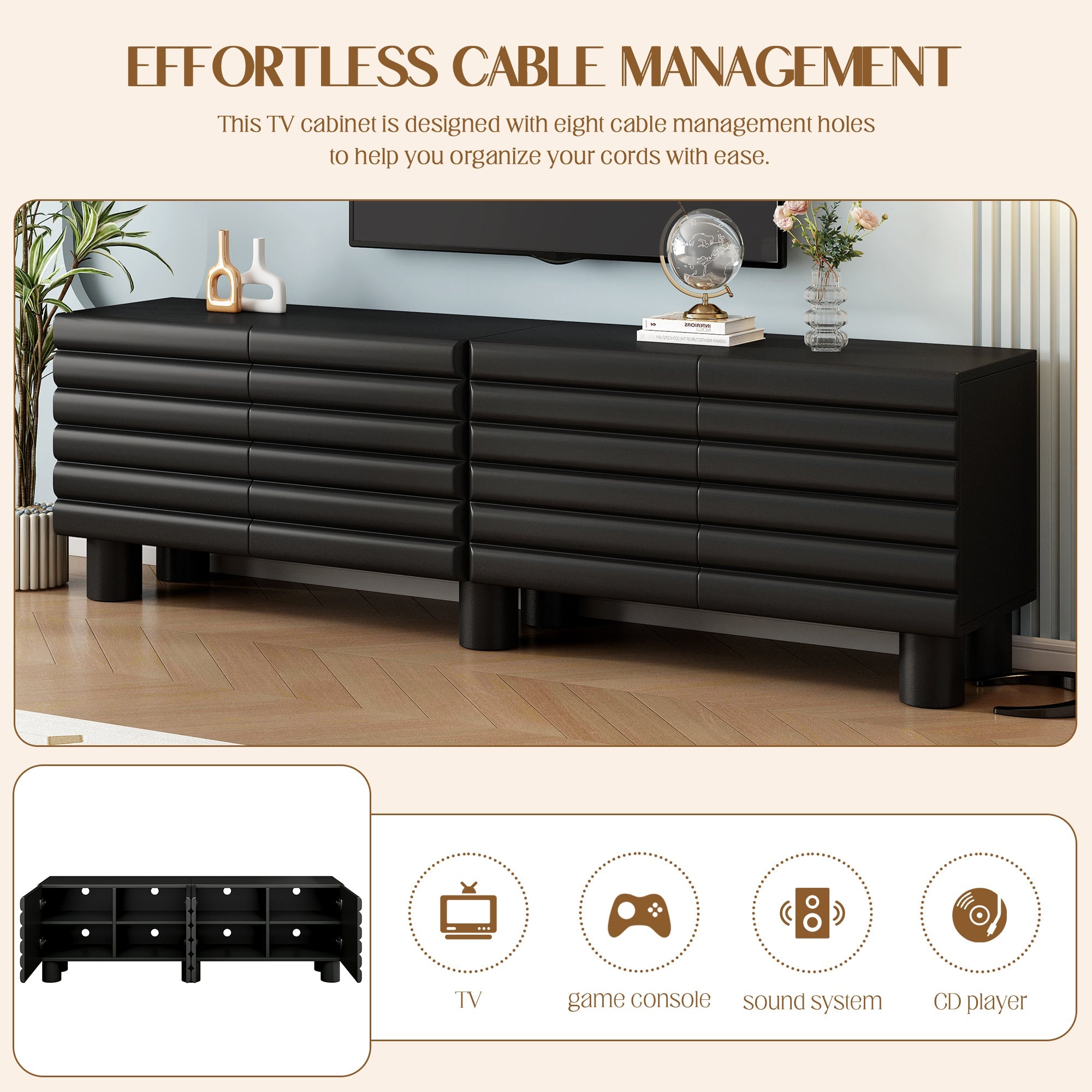 TV Stand Wavy Door Black MDF 4-Cabinet Cylindrical Legs Fits 70 In TV