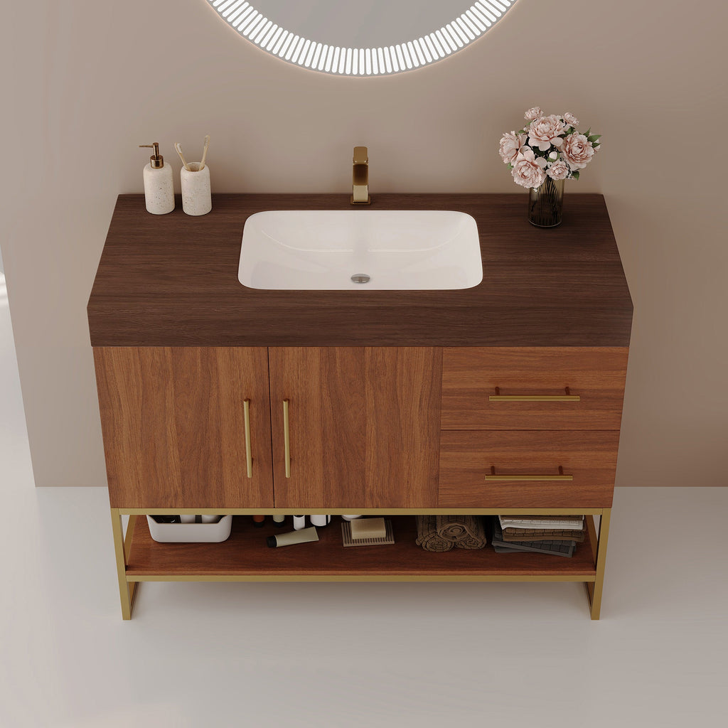 36' Modern Free-Standing Bathroom Vanity with Seamless Ceramic Sink & Sintered Stone Top