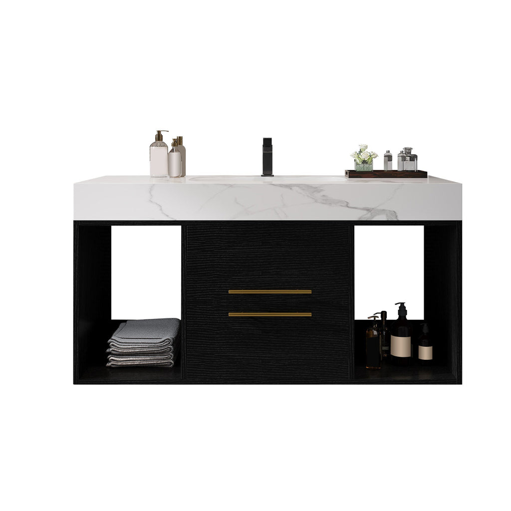 39.4' Floating Bathroom Vanity with Ceramic Sink, 2 Drawers and 2 Open Shelves