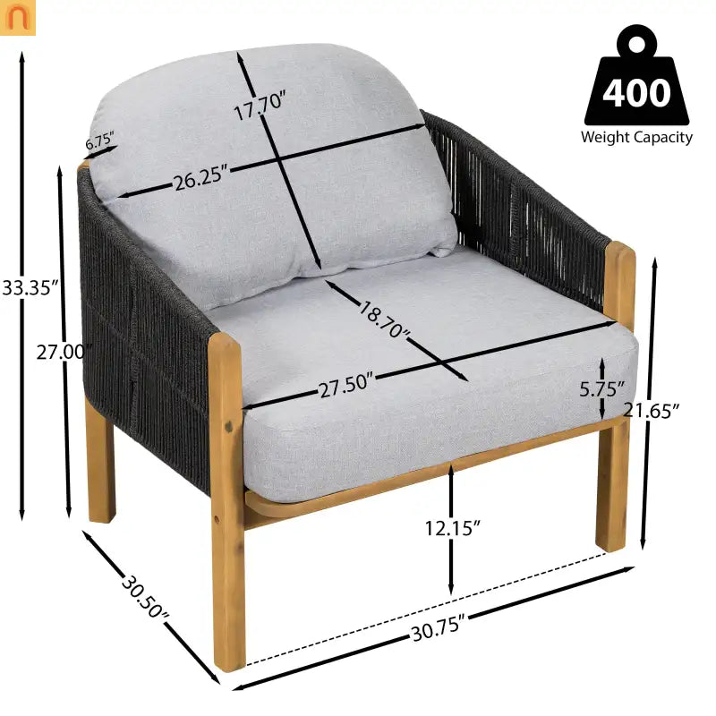 Outdoor Club Chair Acacia Wood Rope Woven Gray Cushion Set of 2