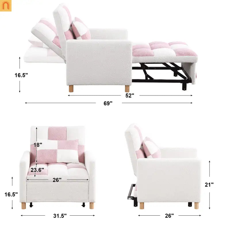 Convertible 3-in-1 Teddy Fabric Chair Pink 330 lb