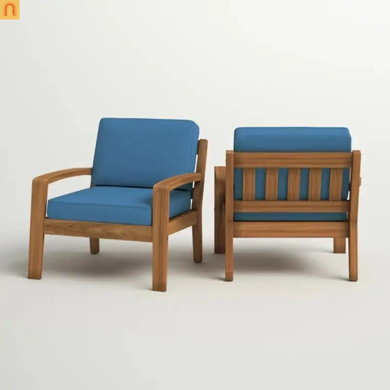 Outdoor Club Chair Acacia Wood Blue Water Resistant Cushion
