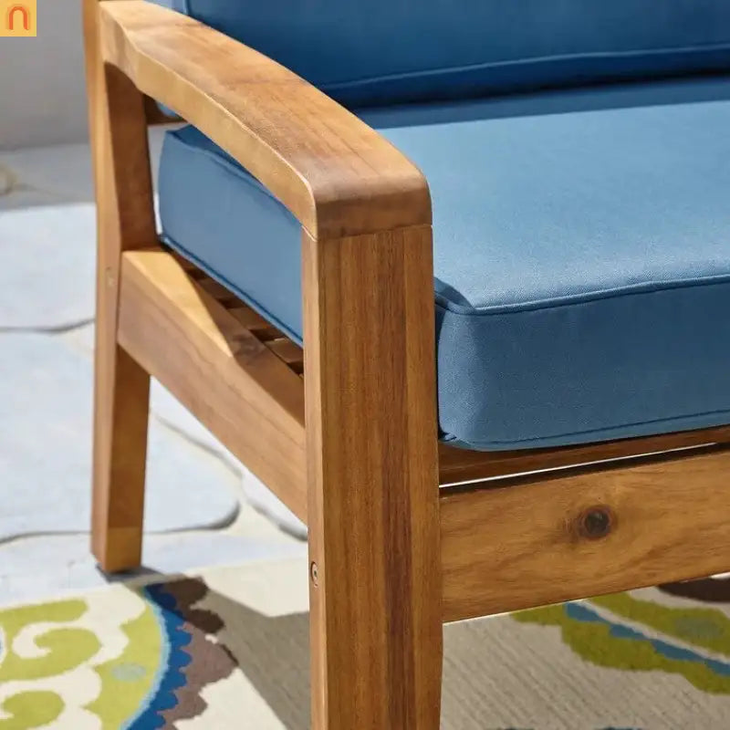 Outdoor Club Chair Acacia Wood Blue Water Resistant Cushion