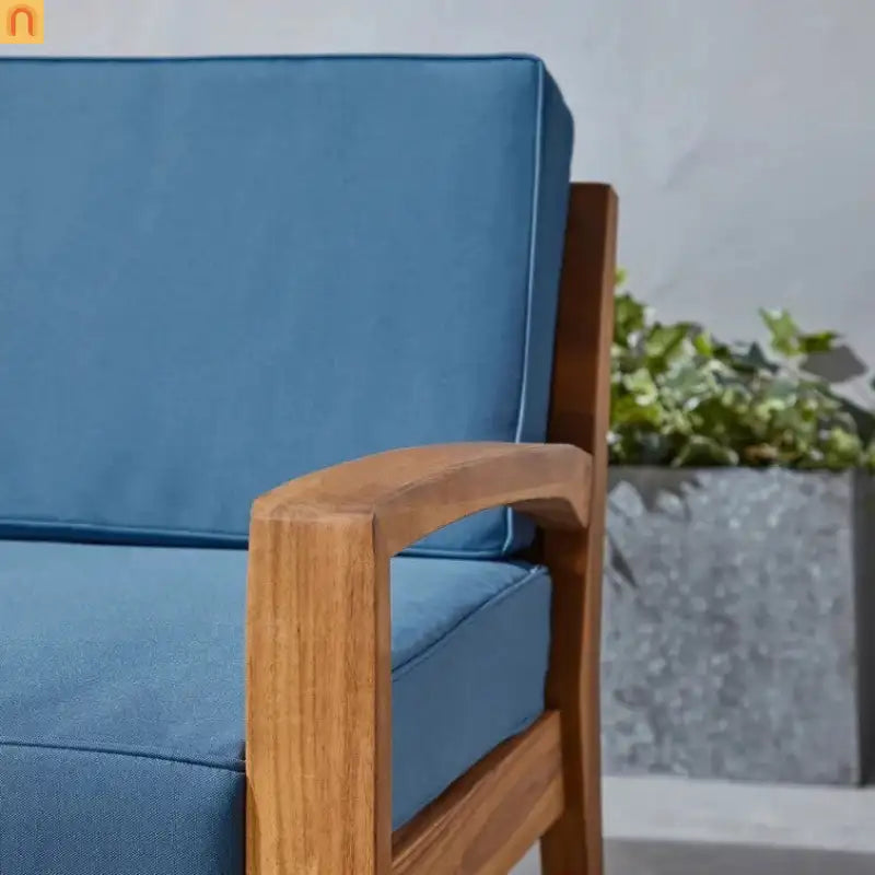 Outdoor Club Chair Acacia Wood Blue Water Resistant Cushion