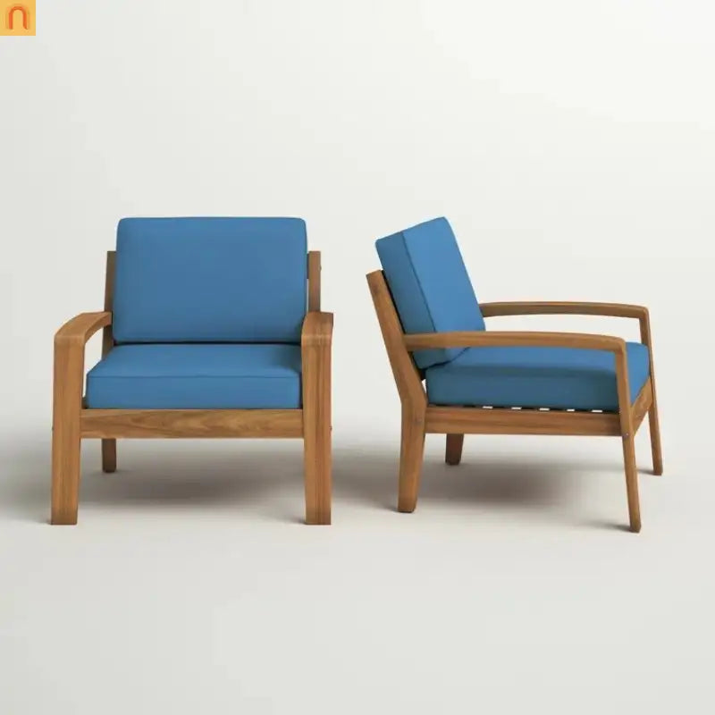Outdoor Club Chair Acacia Wood Blue Water Resistant Cushion