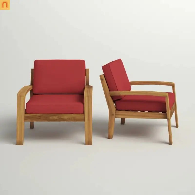 Outdoor Acacia Wood Club Chair Set of 2 with Red Cushions