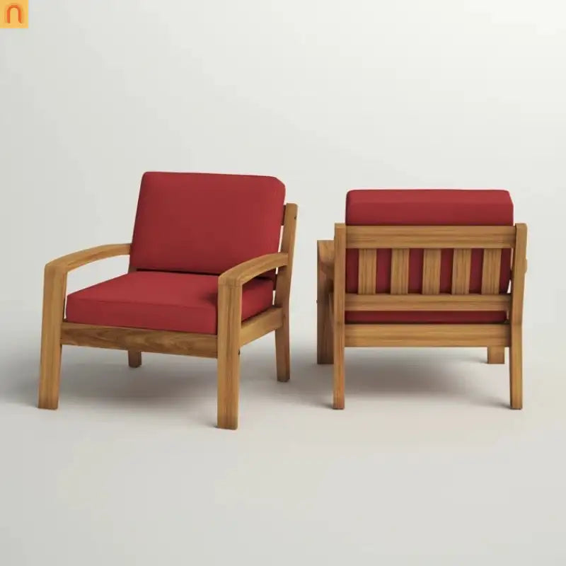 Outdoor Acacia Wood Club Chair Set of 2 with Red Cushions