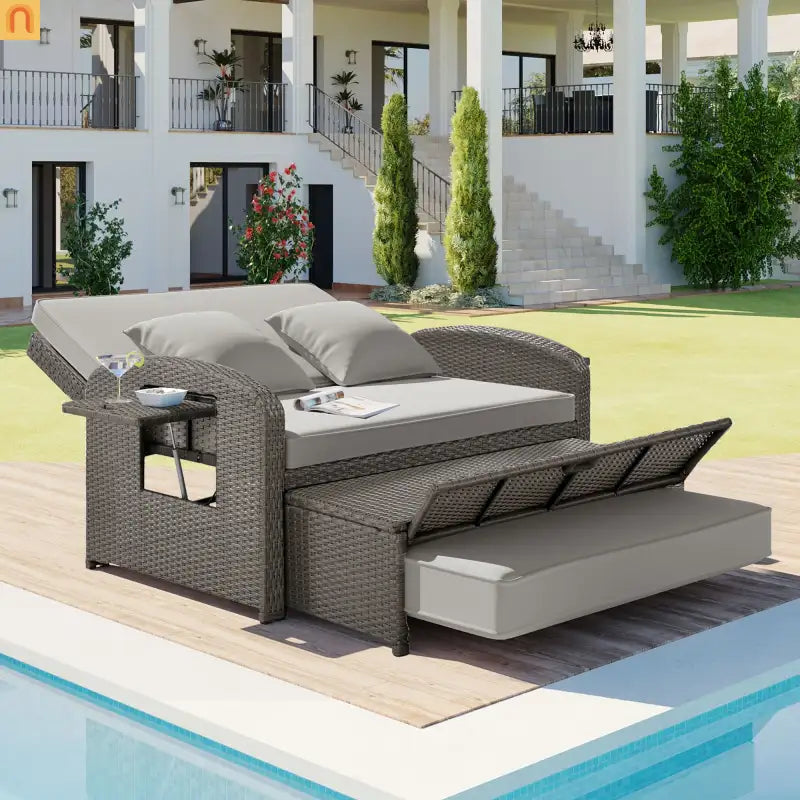 Outdoor Lounge Chair Rattan Gray 2-Person Adjustable