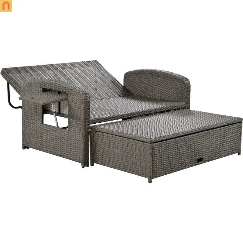 Outdoor Lounge Chair Rattan Gray 2-Person Adjustable