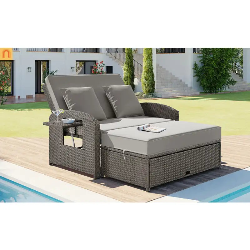 Outdoor Lounge Chair Rattan Gray 2-Person Adjustable