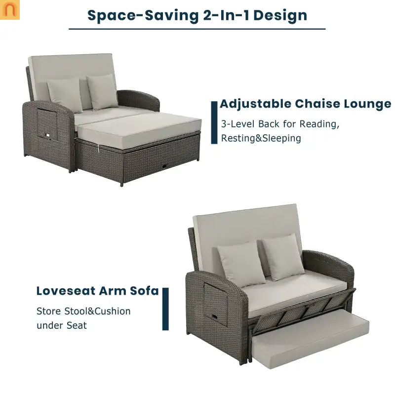 Outdoor Lounge Chair Rattan Gray 2-Person Adjustable