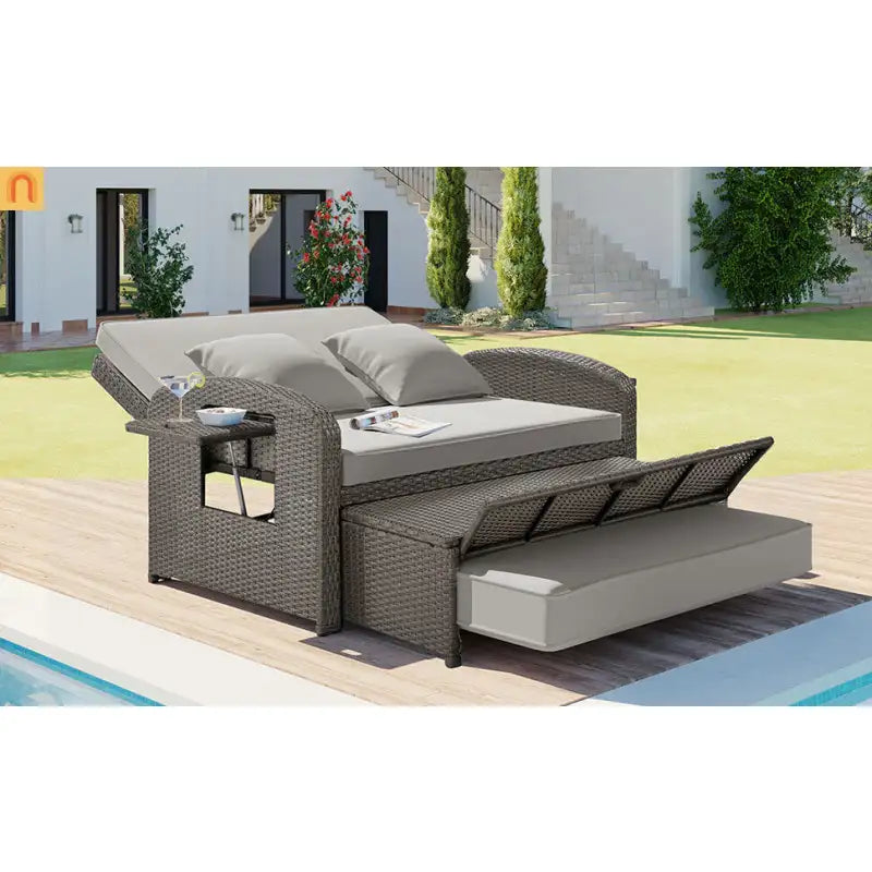 Outdoor Lounge Chair Rattan Gray 2-Person Adjustable
