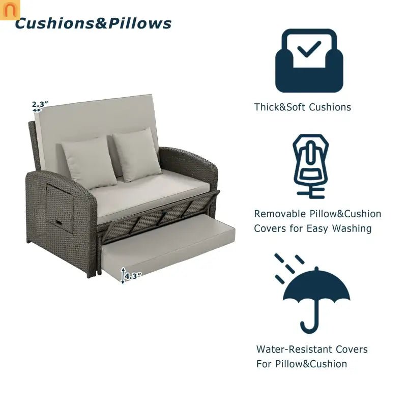 Outdoor Lounge Chair Rattan Gray 2-Person Adjustable