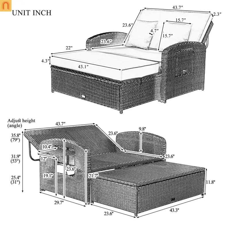 Outdoor Lounge Chair Rattan Gray 2-Person Adjustable