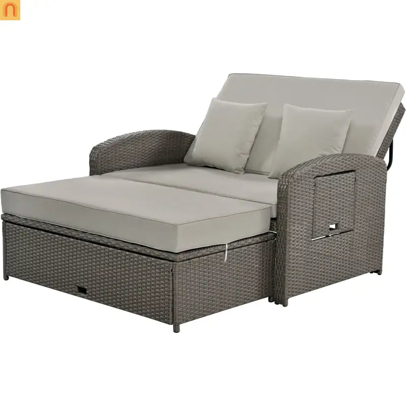 Outdoor Lounge Chair Rattan Gray 2-Person Adjustable