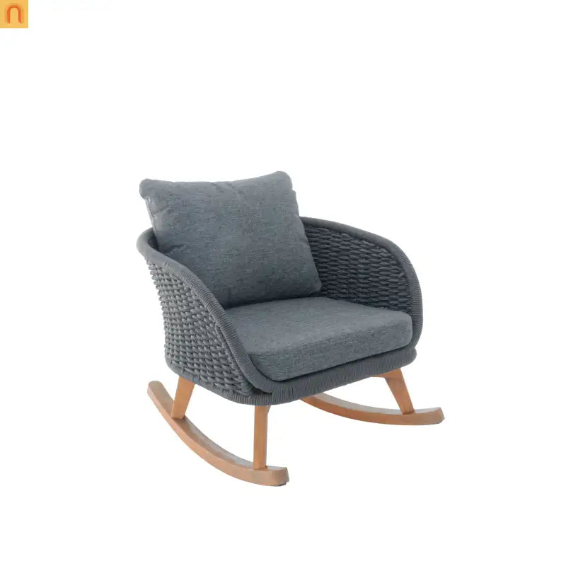 Outdoor Rocking Chair Rope Wood Frame Gray Cushion 29.5in Wide