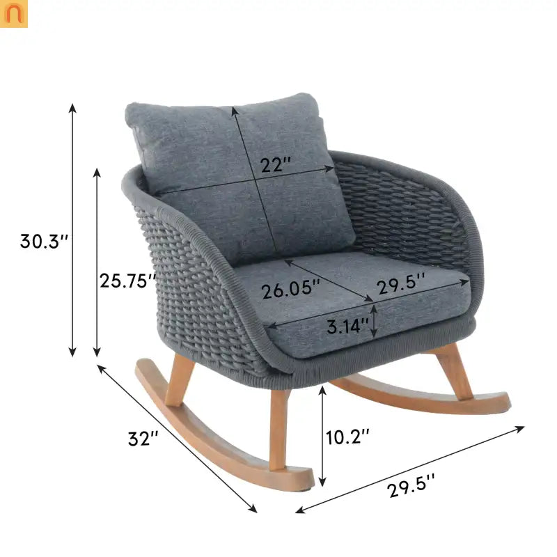 Outdoor Rocking Chair Rope Wood Frame Gray Cushion 29.5in Wide